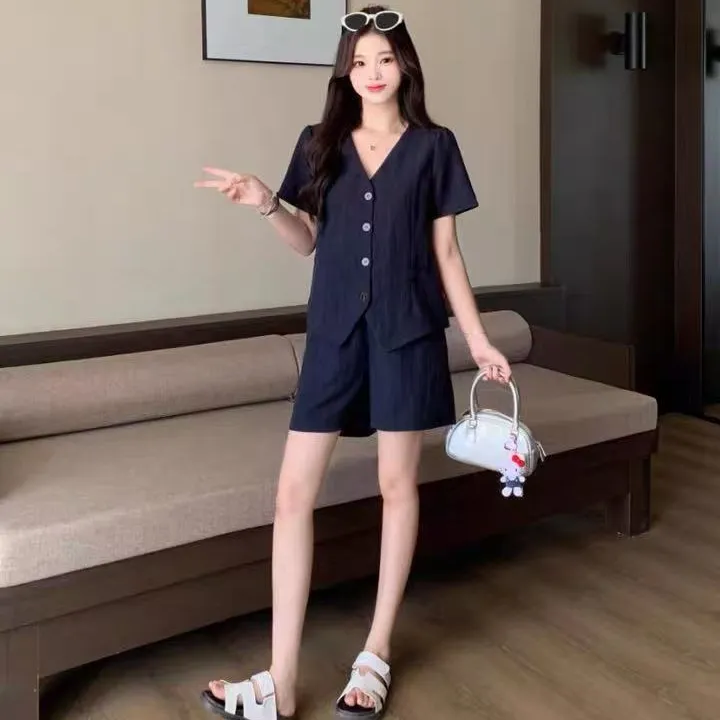 夏季新款时尚休闲街头风单排扣短袖短裤套装