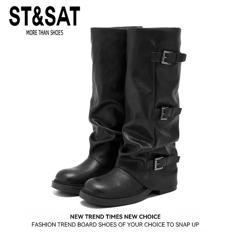 星期六黑色高级感皮带扣骑士靴女新款小众轻奢靴子显瘦长筒裤管靴