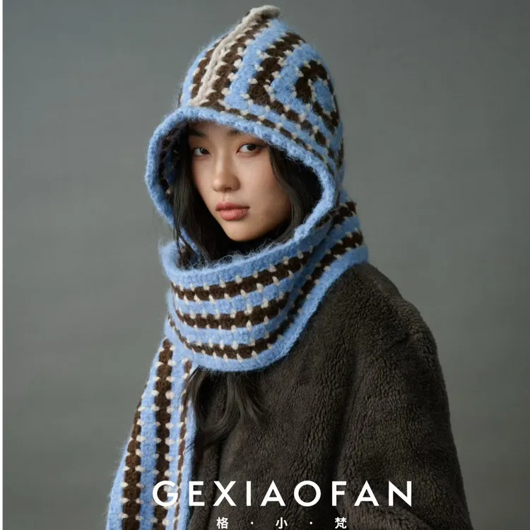 格小梵 ·韩版祖母格手工巴拉克拉法帽秋冬大头围显脸小百搭针织帽