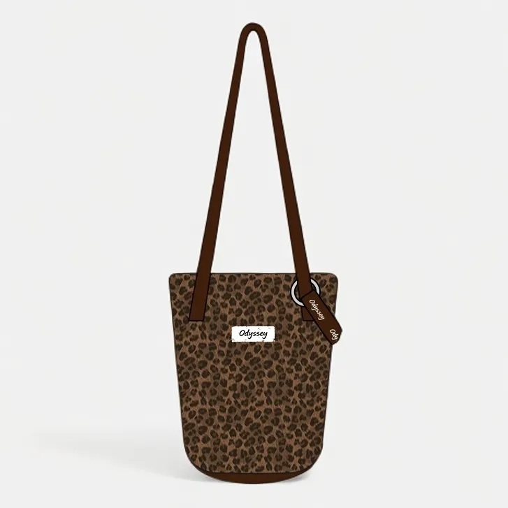 设计师原创咖棕豹纹细肩带水桶包通勤时尚大容量单肩斜跨包休闲女