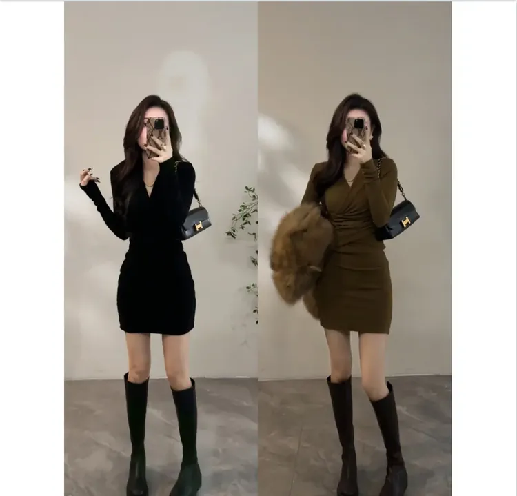 黑色修身包臀裙秋冬纯色短裙长袖套头款连衣裙设计感修身气质女装