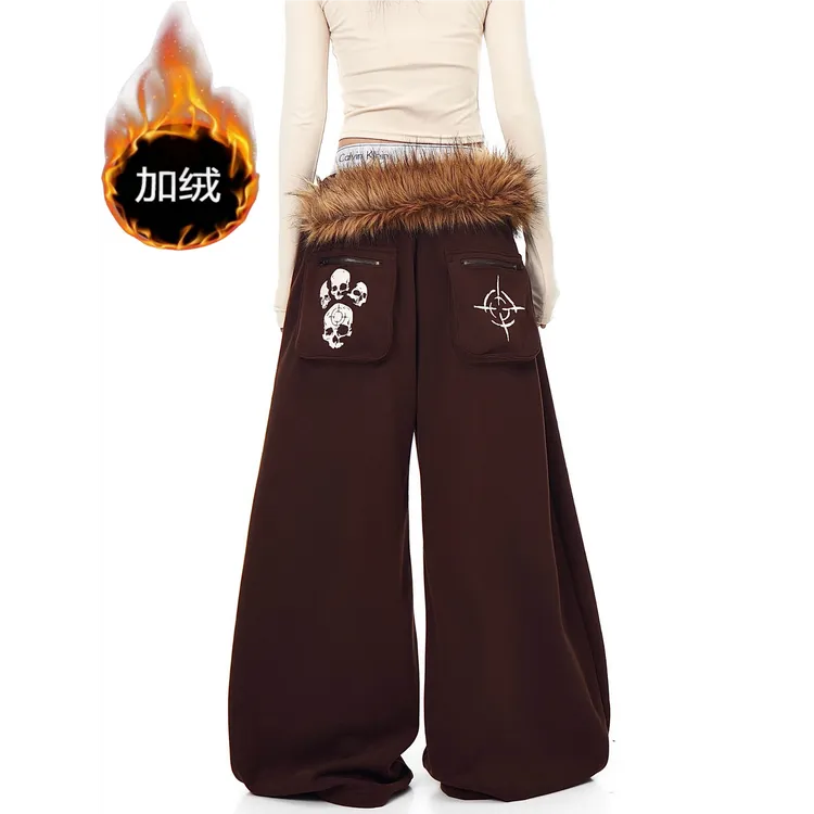 美式复古毛领拼接叠穿加绒休闲卫裤男女宽松百搭爵士舞阔腿长裤
