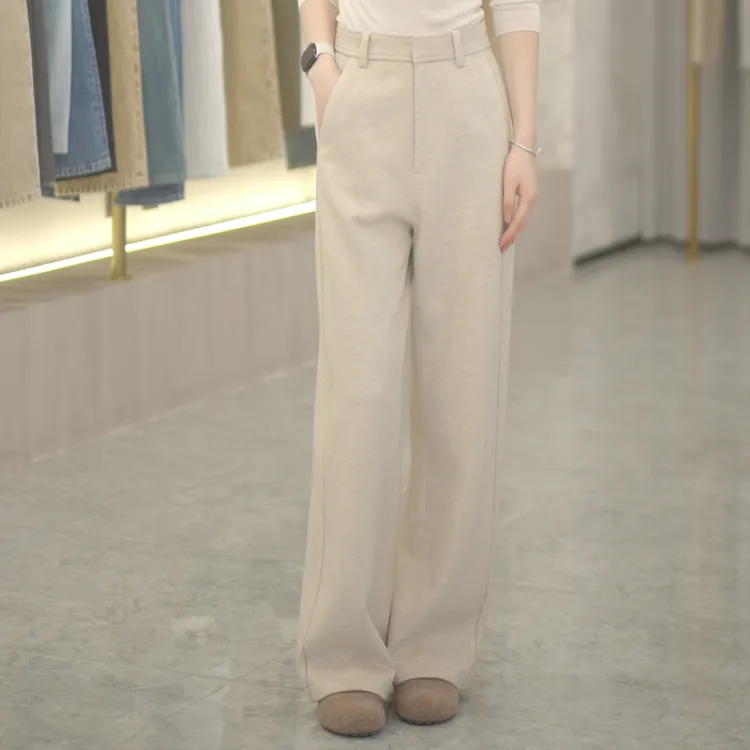 KARIGAM【机洗易打理】阿尔巴卡羊绒一体绒撞色线保暖直筒女裤K0127