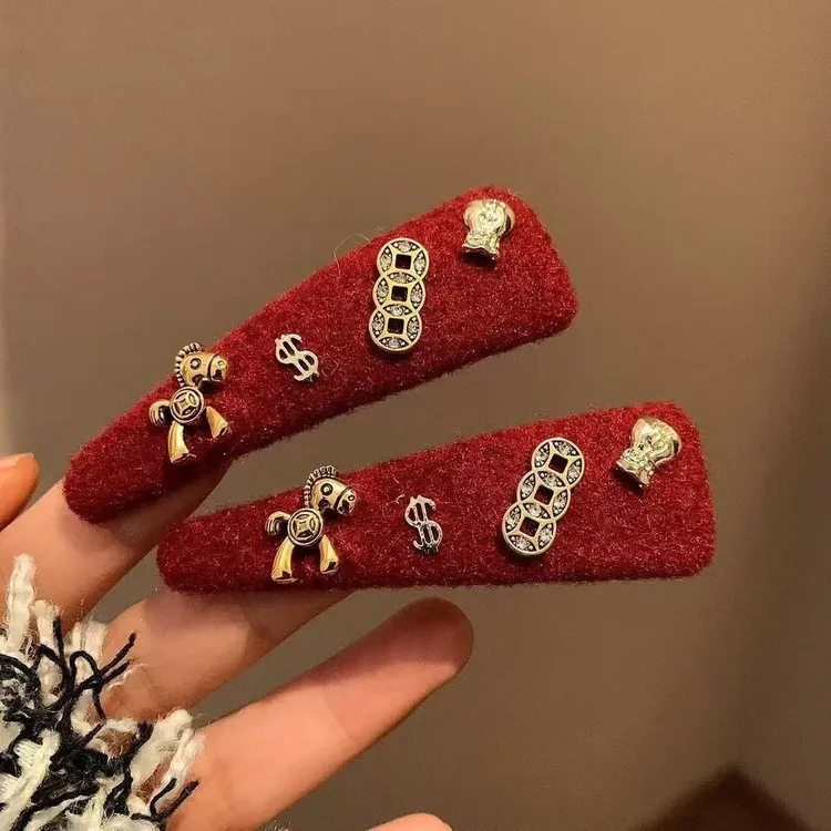 马上有钱小马红色发夹侧边刘海新款新年发卡高级圣诞新年头饰