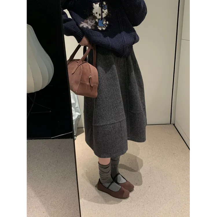 韩系百搭松紧腰毛呢半身裙女冬季新款时尚减龄高腰显瘦花苞裙