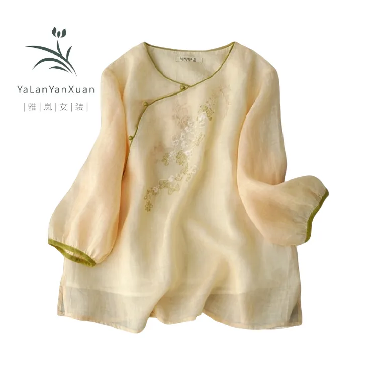 【雅岚女装】时尚洋气显瘦春品上衣苎麻七分袖衬衫复古文艺女新中式