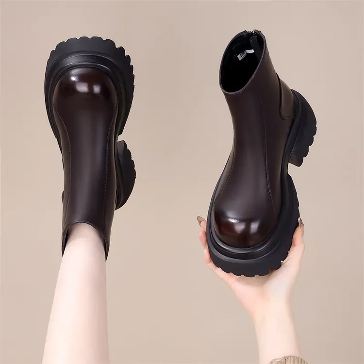 复古切尔西短靴女2025秋冬新款厚底增高显瘦烟筒靴加绒保暖马丁靴