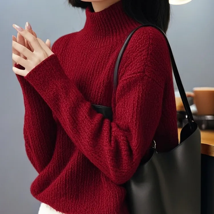 圣诞新年红色高领针织衫网红法式内搭打底衫秋冬时尚加厚毛衣女装