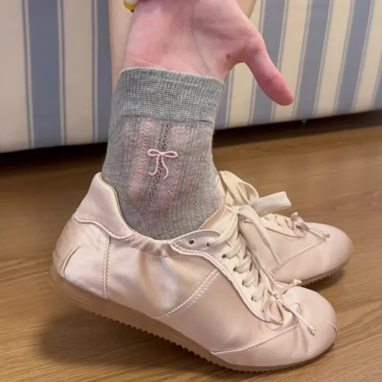 甜美少女日系袜子芭蕾风灰色镂空网眼透气短筒袜ins精梳棉百搭袜