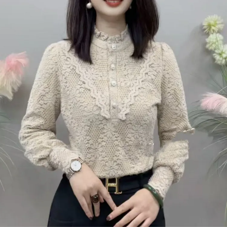 BX2052秋冬新款加绒保暖木耳花边领长袖气质百搭衬衫