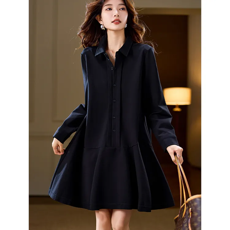 简约休闲翻领连衣裙女2025春秋新款大码高级感宽松显瘦鱼尾中长裙