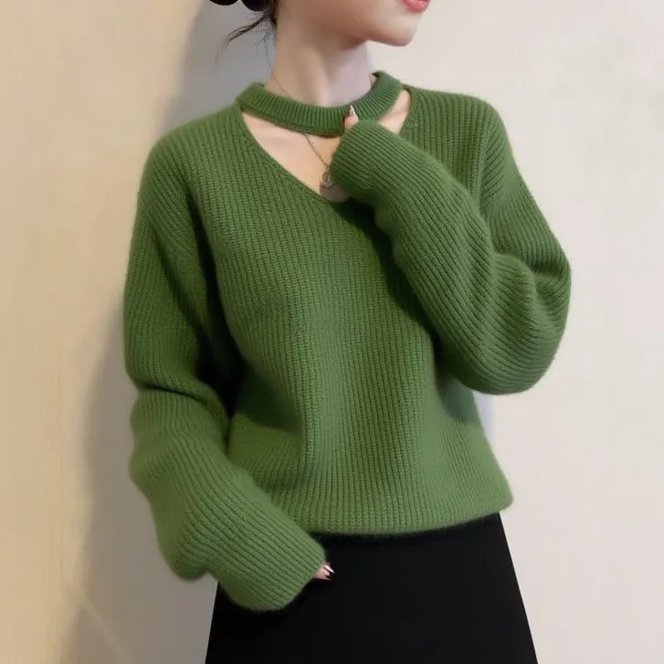 v领绿色套头毛衣女2025秋季高级感宽松显瘦V领挂脖打底针织衫上衣