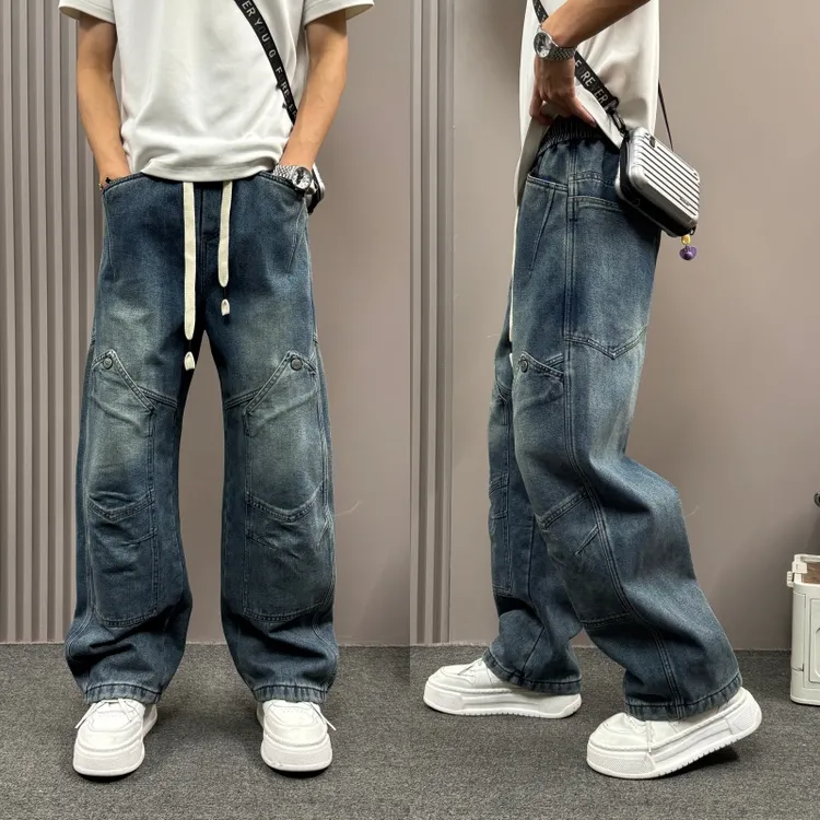 复古做旧蓝牛仔工装裤男潮牌抽绳设计宽松直筒多口袋阔腿弯刀长裤