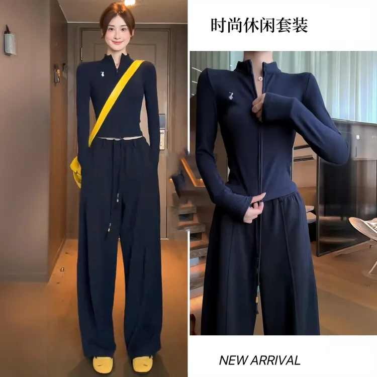 拉夏贝尔时尚套装女秋季新款洋气拉链开衫上衣运动卫裤两件套