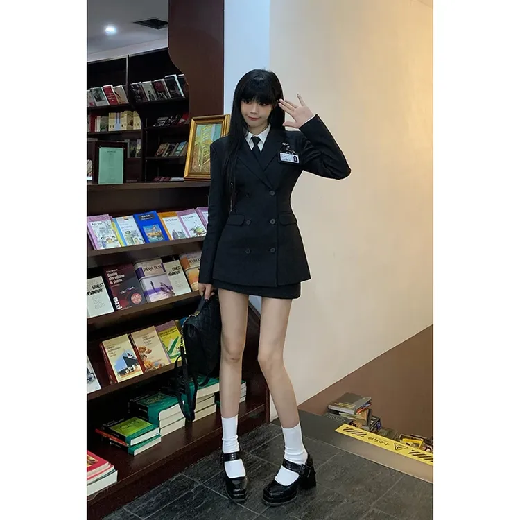 张元英西装JK制服女春秋季学院腰修身西服包臀裙衬衫英伦学院风