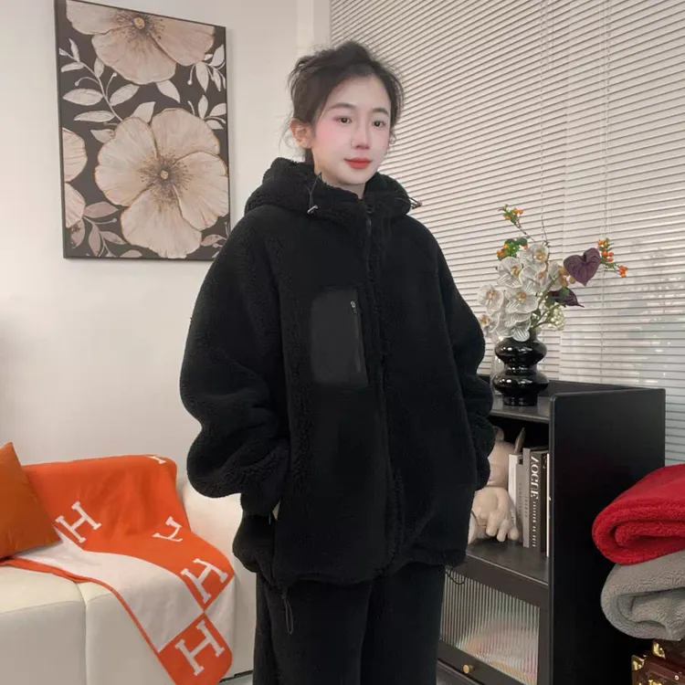 [抗寒家居服]冬季加绒加厚连帽防风保暖可外穿套装男女同款家居服