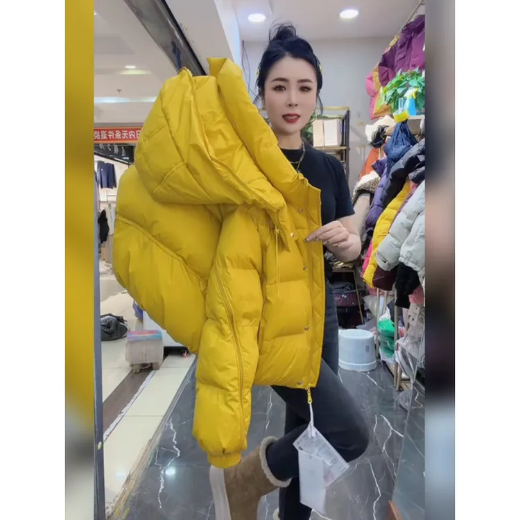 欧货连帽加厚黄色棉服女2025冬季新款小个子简约时尚洋气宽松外套