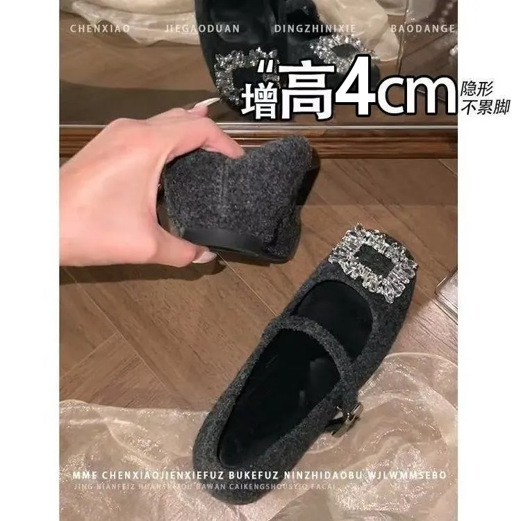 圆头水钻胶粘玛丽珍鞋内增高2025年秋冬季加绒款单鞋弹力浅口女鞋