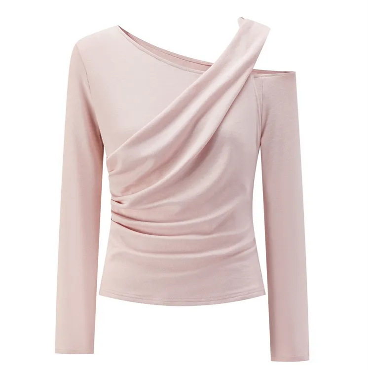 羊城故事-韩系斜领露肩假两件t恤女秋季纯欲长袖上衣Y51054606