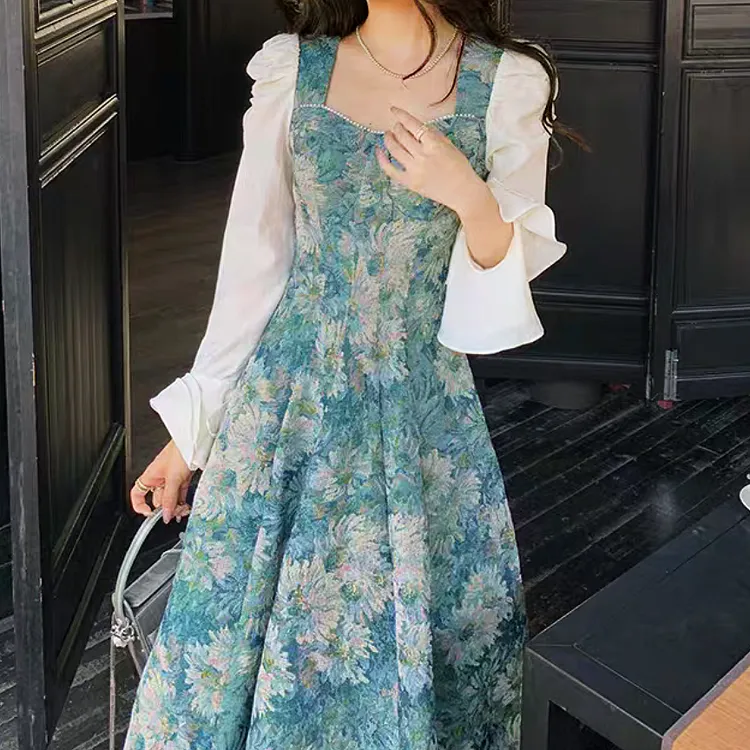 大码女装300斤胖MM法式碎花方领长袖高级感连衣裙66655