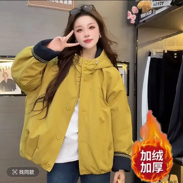 加绒加厚25冬季新款冲锋衣百搭夹克加绒连帽宽松棉外套上衣女
