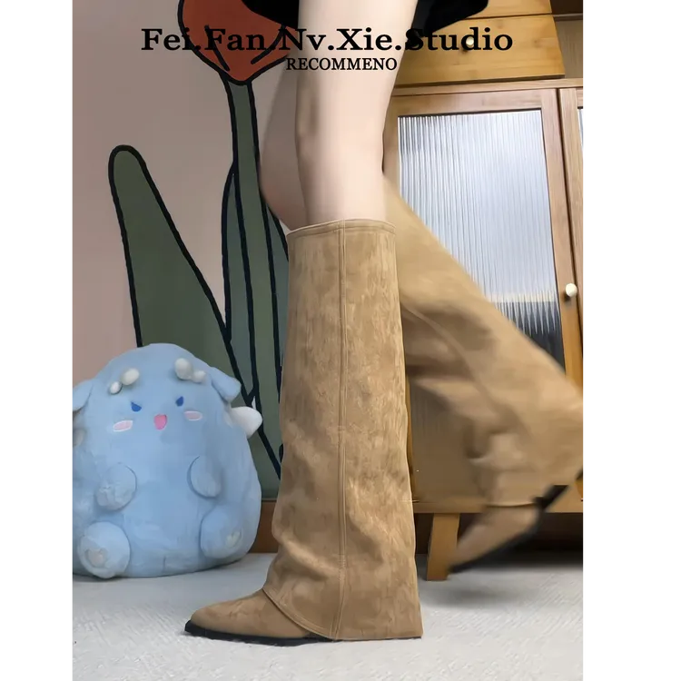 内增高~裤管靴女款2025年秋冬新款法式粗跟厚底长筒靴百搭西部靴