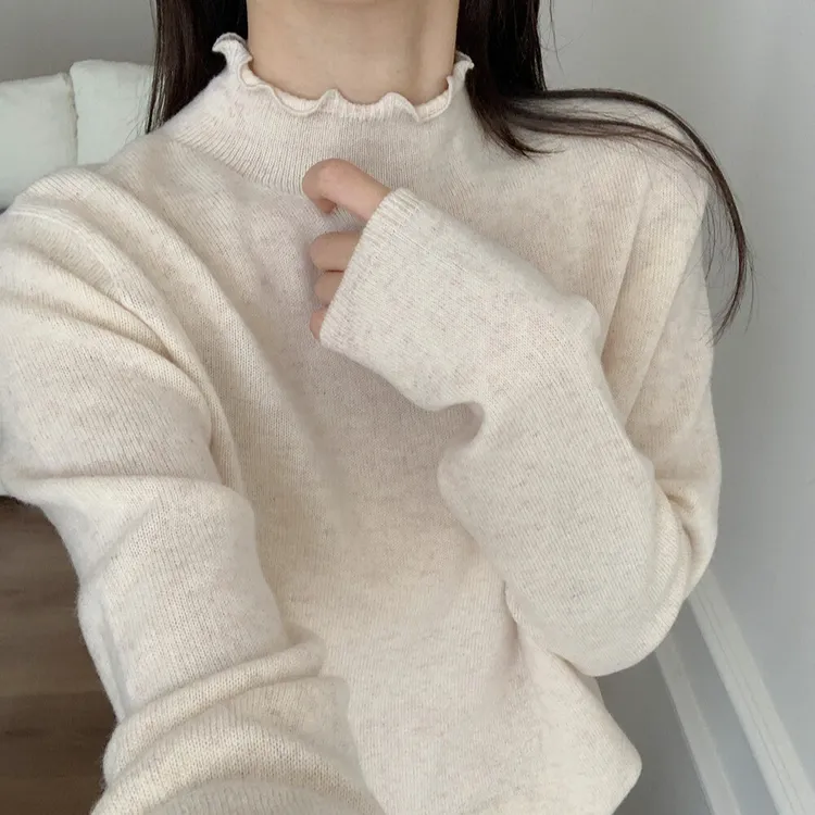 7,1%山羊绒！木耳边宽松打底衫毛衣秋高品慵懒风纯色针织衫半高领