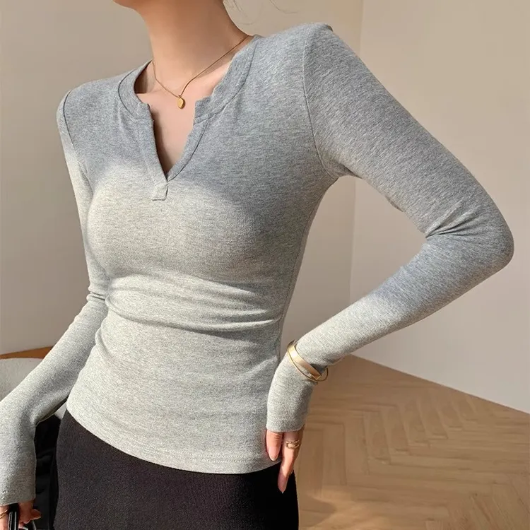 娴柔V领长袖t恤女2025春秋新款修身显瘦百搭打底衫内搭设计上衣