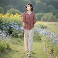HH#【单/套装】【150斤可穿】衬衫女碎花半袖宽松阔腿裤套装DY13942A