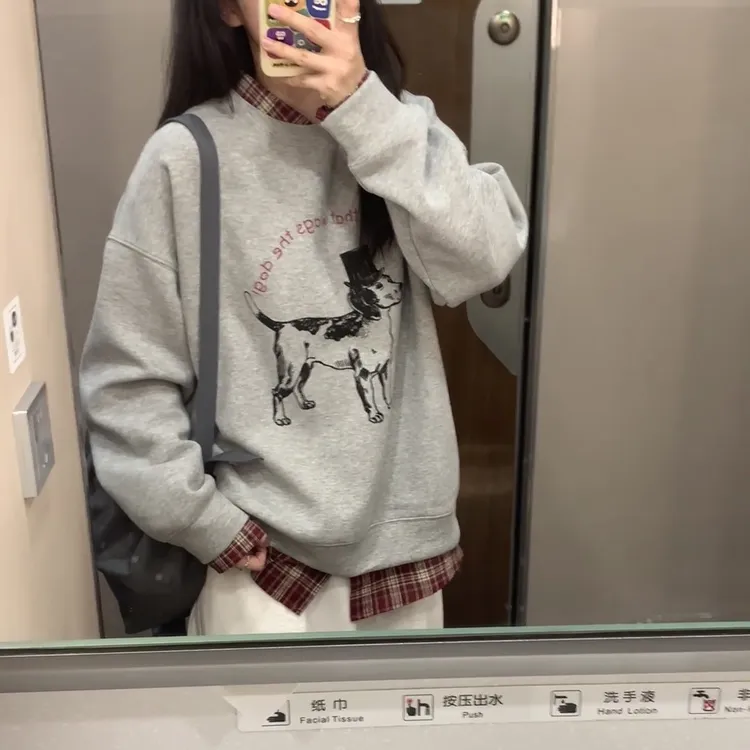 韩系小狗印花灰色卫衣叠穿慵懒百搭红色格子衬衫两件套装女ins秋