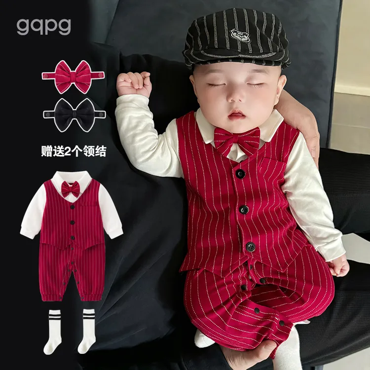 宝宝周岁礼服男百天日宴会衣服满月服绅士婴儿连体衣纯棉春秋季装