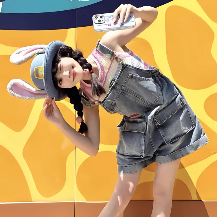 慵懒风休闲复古工装牛仔背带短裤女小个子可爱减龄宽松直筒连体裤