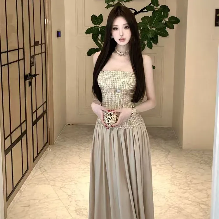 小香风抹胸连衣裙女约会礼服新款拼接缎面长裙法式连衣裙