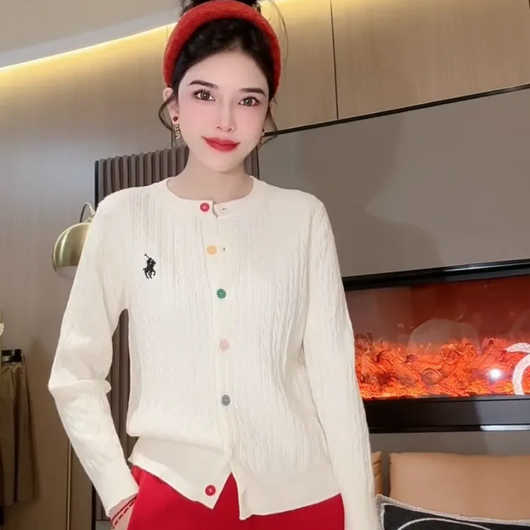 小马刺绣长袖麻花针织开衫女圆领彩色纽扣毛衣外套软糯风洋气上衣