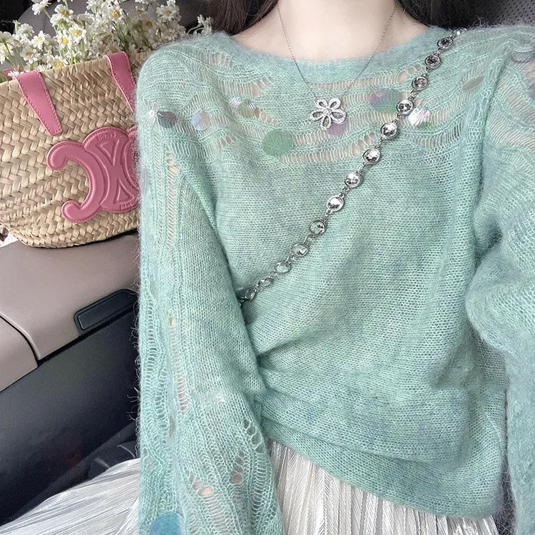 韩系纯欲慵懒风套头针织衫亮片毛衣女早秋温柔氛围感穿搭镂空上衣