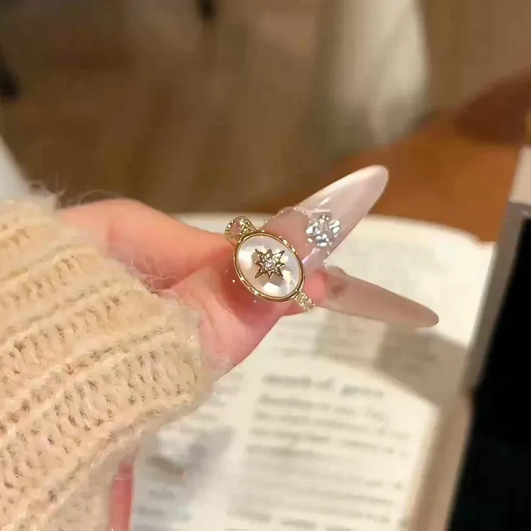 铜合金戒指 法式超闪泡泡星芒贝母戒指独特设计感椭圆食指戒