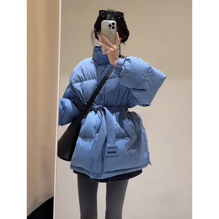 韩系立领收腰系带棉服外套女冬季新款时尚感休闲宽松加厚保暖外套