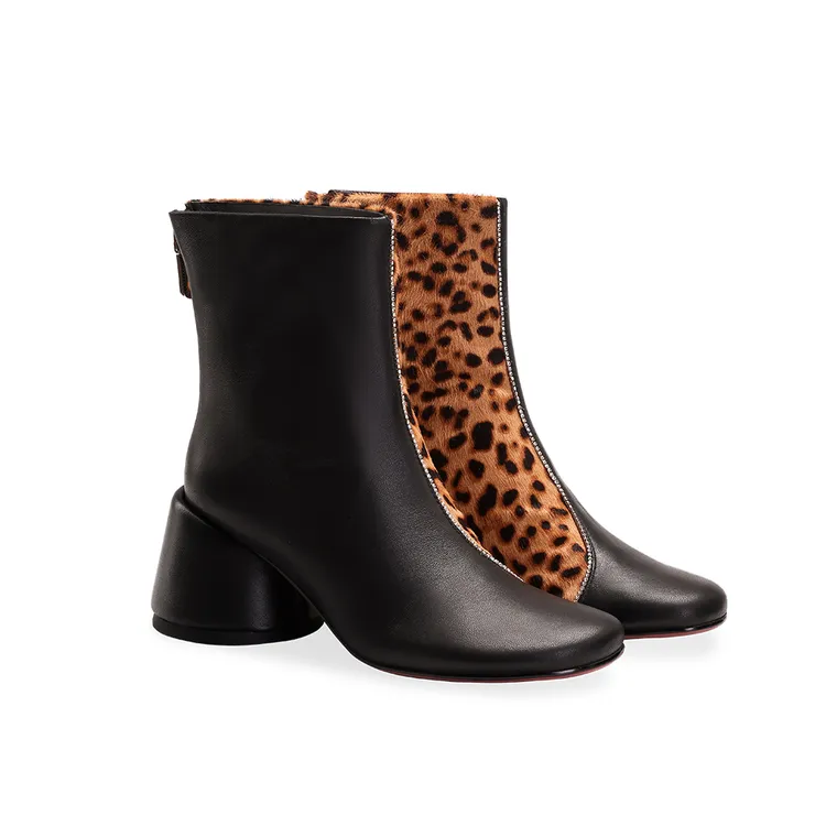 高档舒适时尚百搭6.5cm秋冬复古豹纹欧美羊皮方头短靴粗跟时装靴