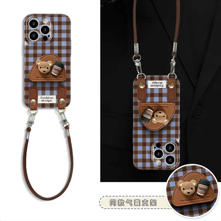 高级感棕蓝色格纹适用苹果16promax菲林手机壳华为小米15vivoppo