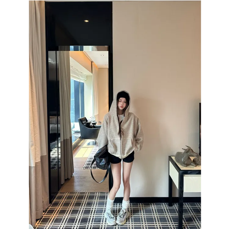 条纹连帽拉链外套小众休闲宽松美式开衫卫衣A1243