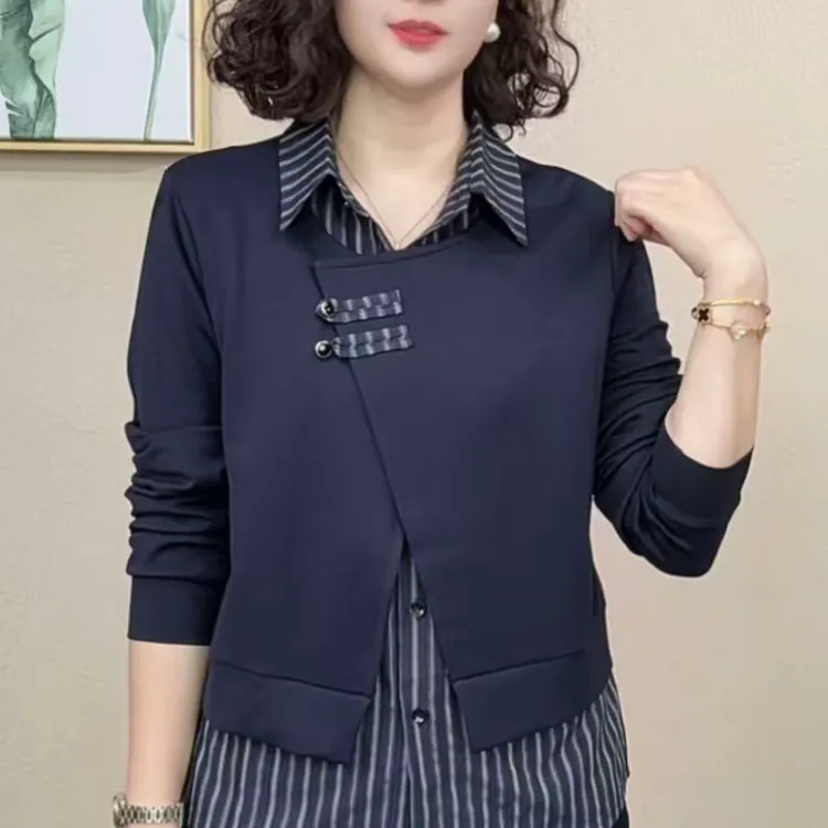 秋季新款时尚洋气长袖卫衣显瘦减龄休闲拼接格子假两件衬衫领上衣