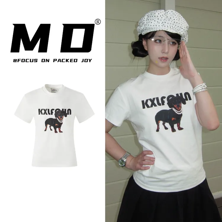 美式正肩短袖T恤女夏季穿搭腊肠狗印花辣妹修身显瘦收腰短款上衣