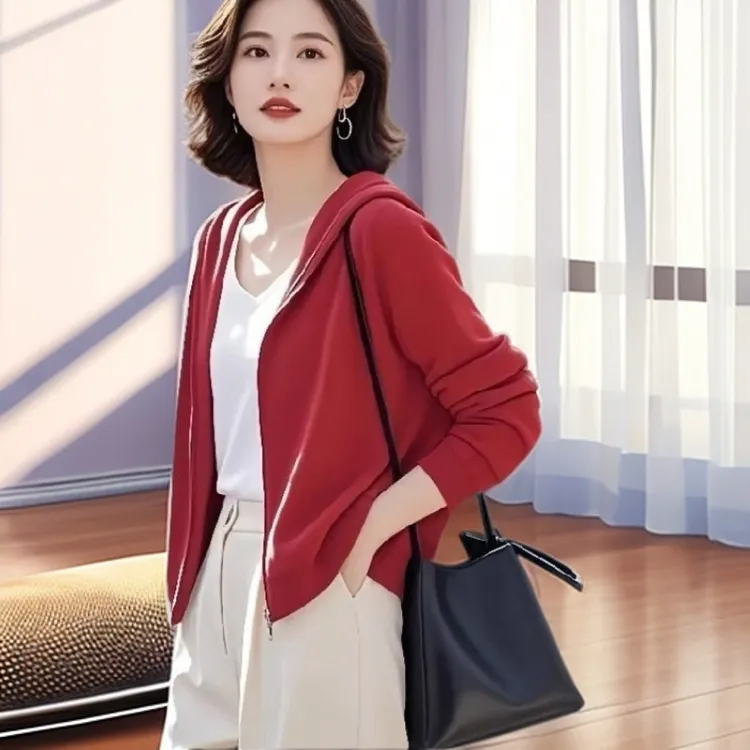 【雅岚女装】时尚洋气显瘦百搭流行女休闲时髦洋气红色上衣连帽卫衣