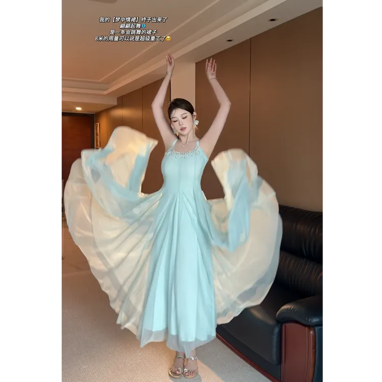 大码女装夏季女主修身超仙水晶钻链网纱大摆吊带连衣裙12575