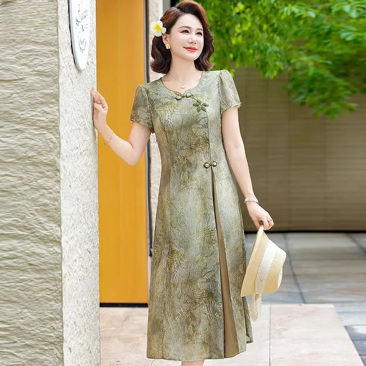 时尚妈妈夏装连衣裙中年女装气质改良旗袍中老年洋气短袖裙子