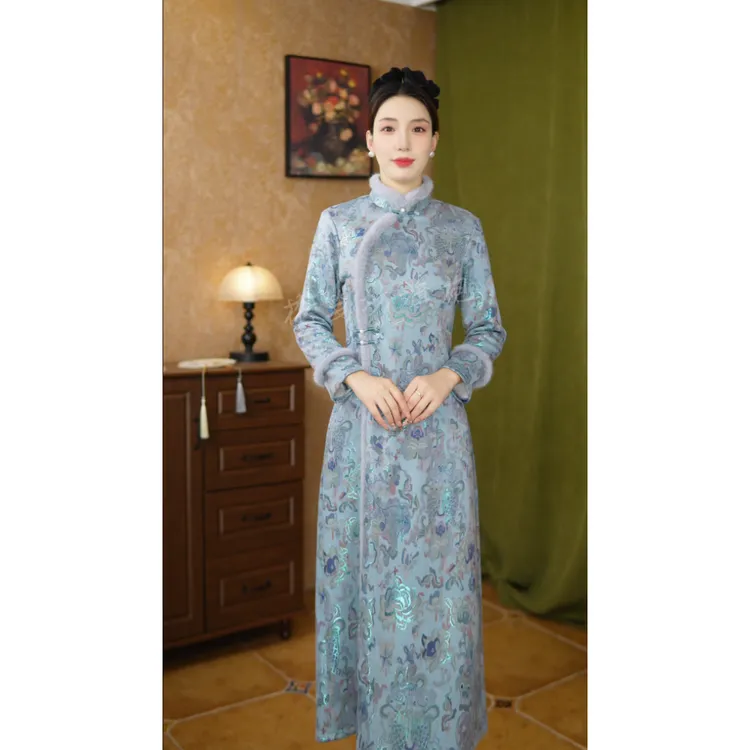 花笺坊【浮光】秋冬加绒长袖日常A版显瘦厚款麂皮绒复古旗袍连衣裙