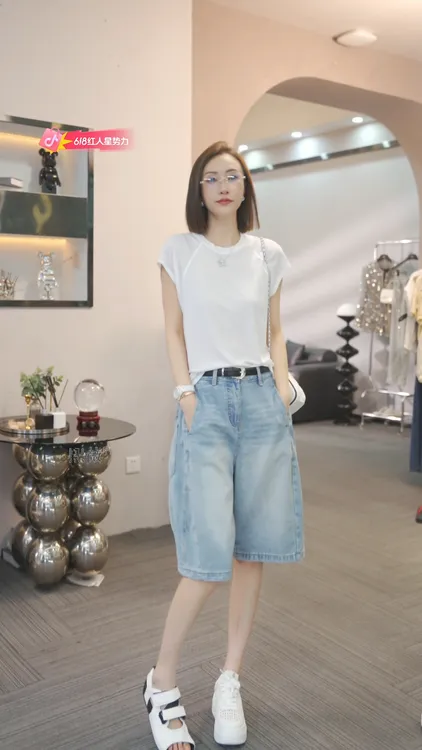 熙薇【微风联想】夏季女生韩系ins风短裤高腰直筒牛仔宽松阔腿H3266