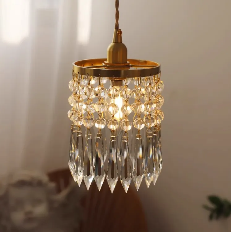 法式水晶小吊灯美式轻奢卧室床头过道飘窗吧台全铜灯具中古风灯具