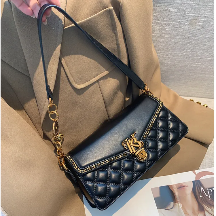 香港品牌正品真皮高级小香风菱格链条包单肩腋下包洋气斜挎包女包