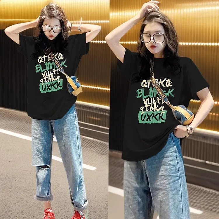 2025新款爆款字母印花纯棉短袖t恤女宽松洋气高档潮牌黑色上衣服